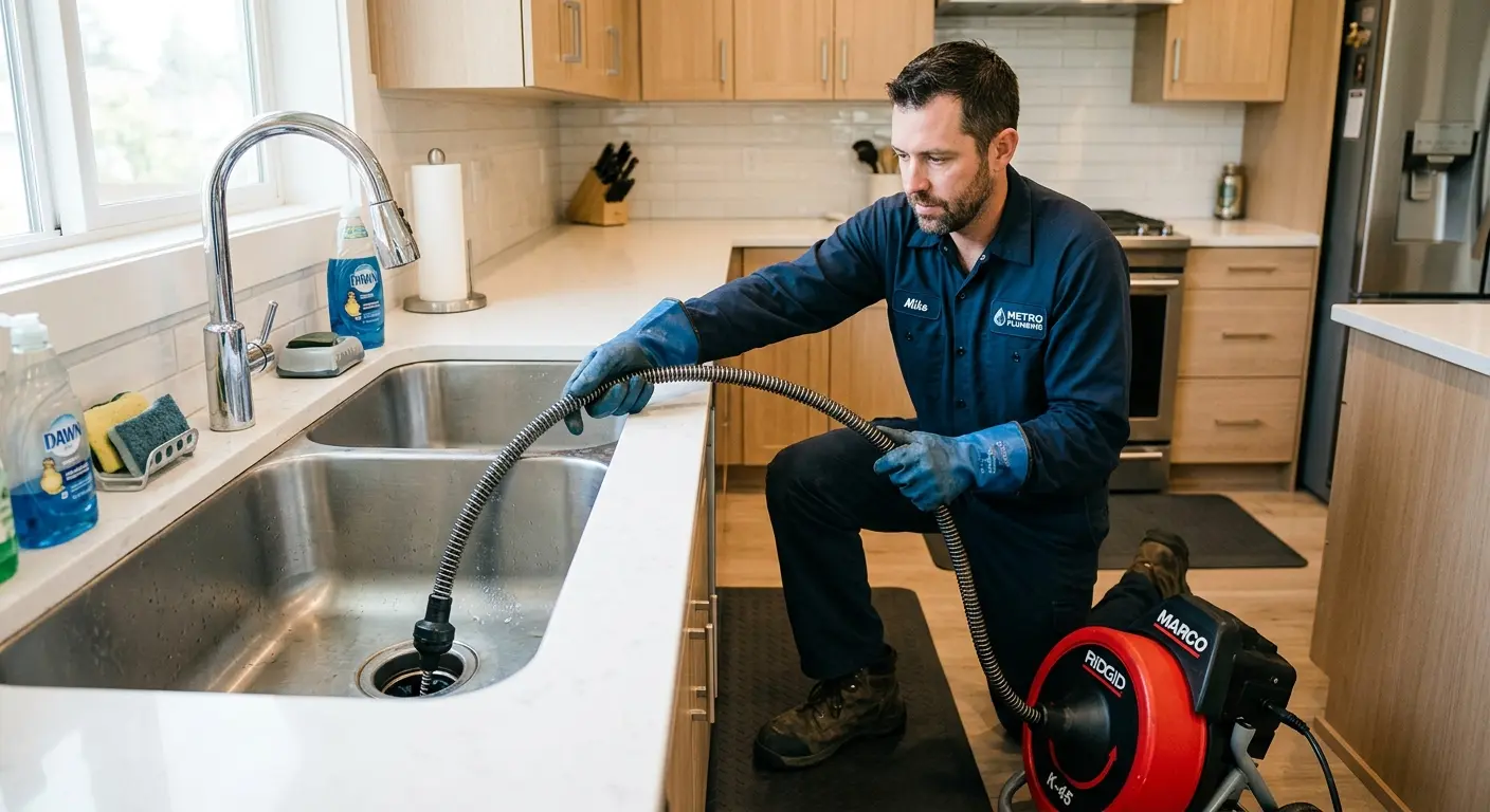 Drain cleaning technician using a motorized snake on a kitchen sink in Fort Smith