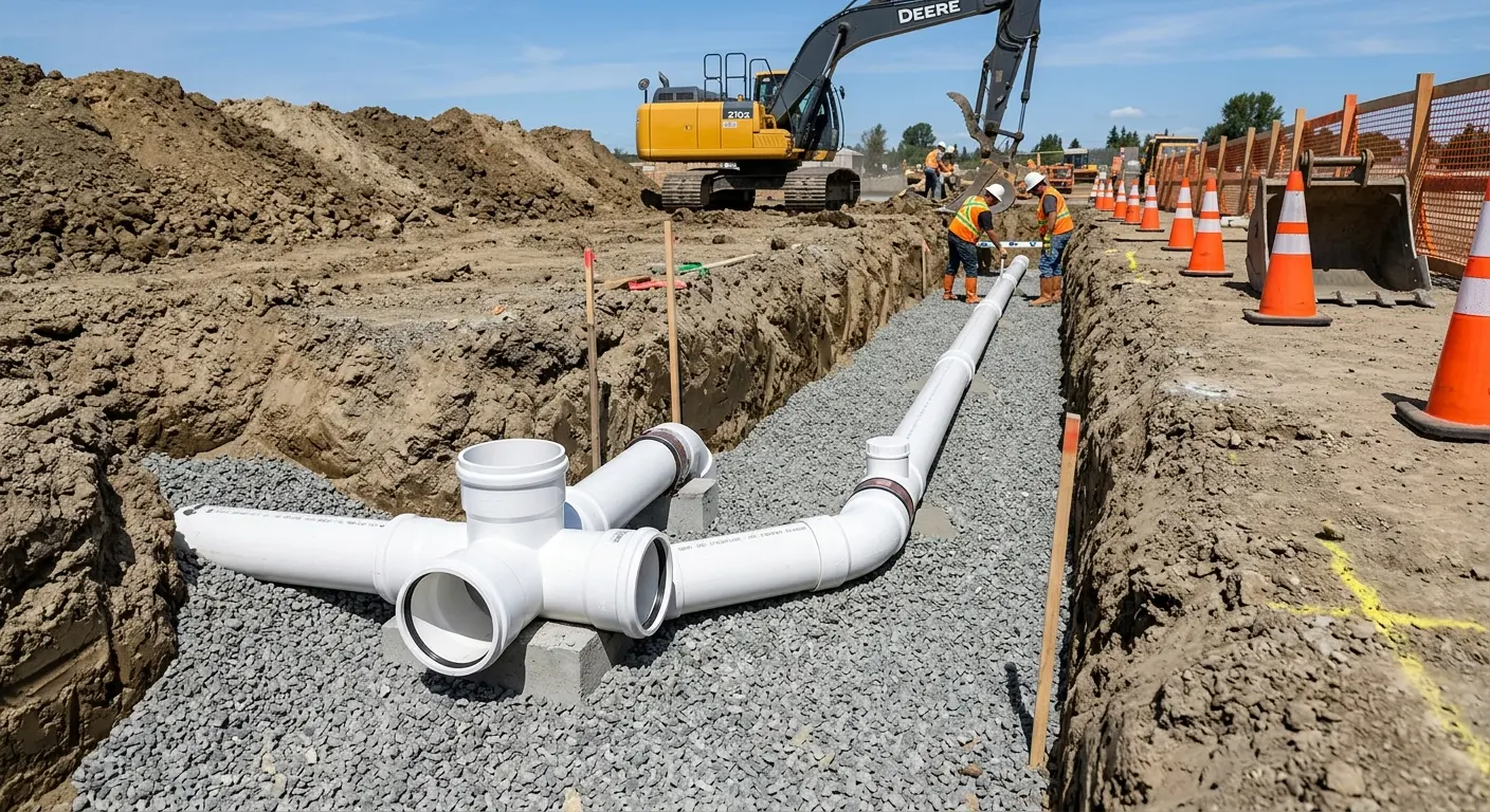 New PVC sewer pipe installation in open trench for Sewer Backup in Fort Smith