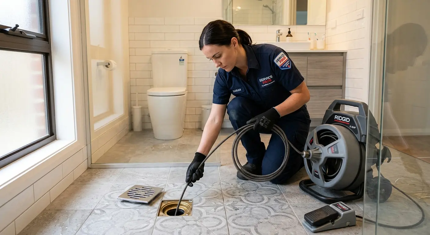 Technician clearing a bathroom floor drain for Sewer Line Replacement in Fort Smith